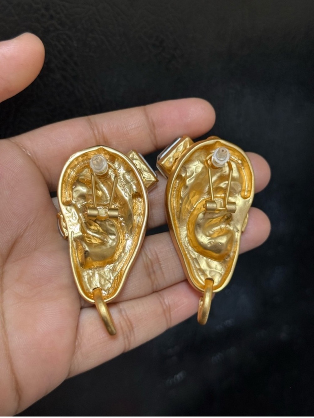 Schiaparelli Inspired Gold Ear-Shaped Crystal Statement Earrings - Picture 3 of 3